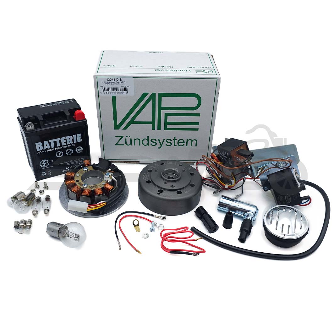 SET-Umrüstsatz VAPE (M-G-V) KR51/1, KR51/2 auf 12V (mit Blei-Gel-Batterie, Hupe und Leuchtmittel) SET-Umrüstsatz VAPE (M-G-V) KR51/1, KR51/2 auf 12V (mit Blei-Gel-Batterie, Hupe und Leuchtmittel)